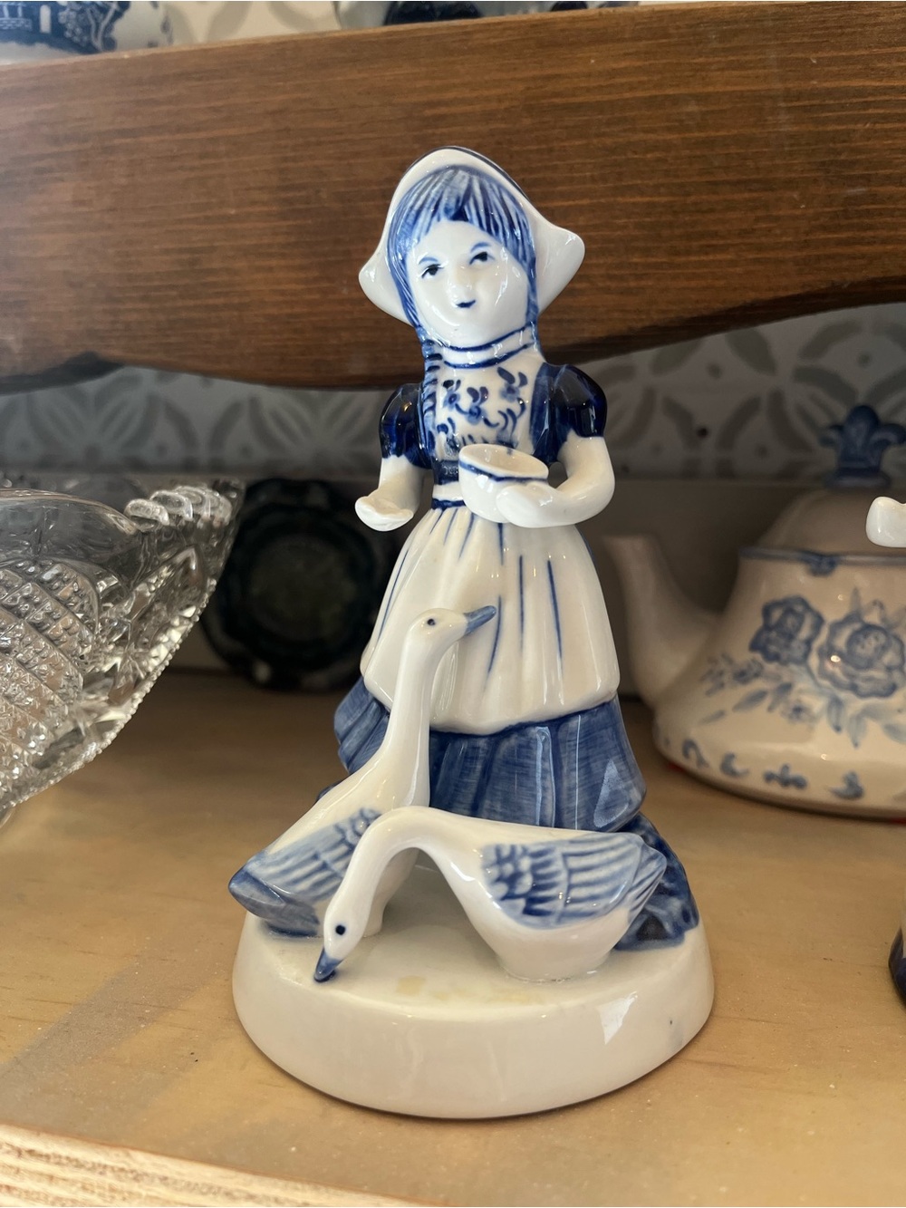 Vintage Delfts Blue Holland Handpainted Girl Feeding Geese Figurine - Excellent